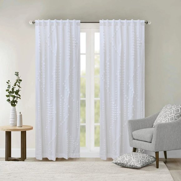 2 WHITE Wild Sage Tufted Triangle 108" L x 50" W Rod Pocket Window Curtains - Picture 1 of 5
